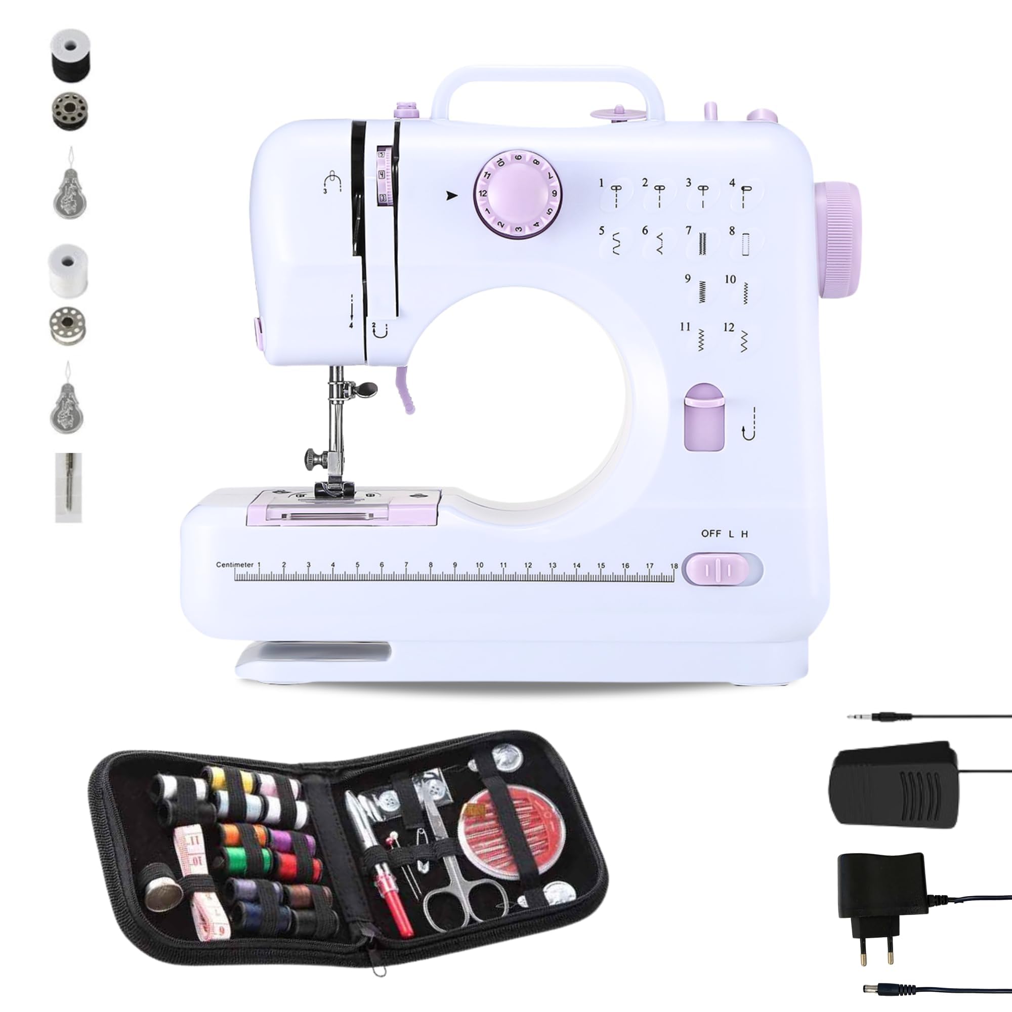 Máquina de Coser Portátil con 2 Velocidades y 12 Puntadas, Pedal, 2 Carretes, Aguja de Recambio, Cortador de Hilo y Luz de Trabajo, Funciona con Cable o (Pilas AA no incluidas) + Kit de Costura.