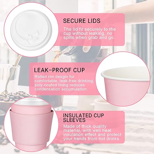 Miniatura 3 de Patelai 100 tazas de café desechables de 12 onzas con tapas y fundas a granel, taza de papel de chocolate caliente aislada para bebidas calientes y