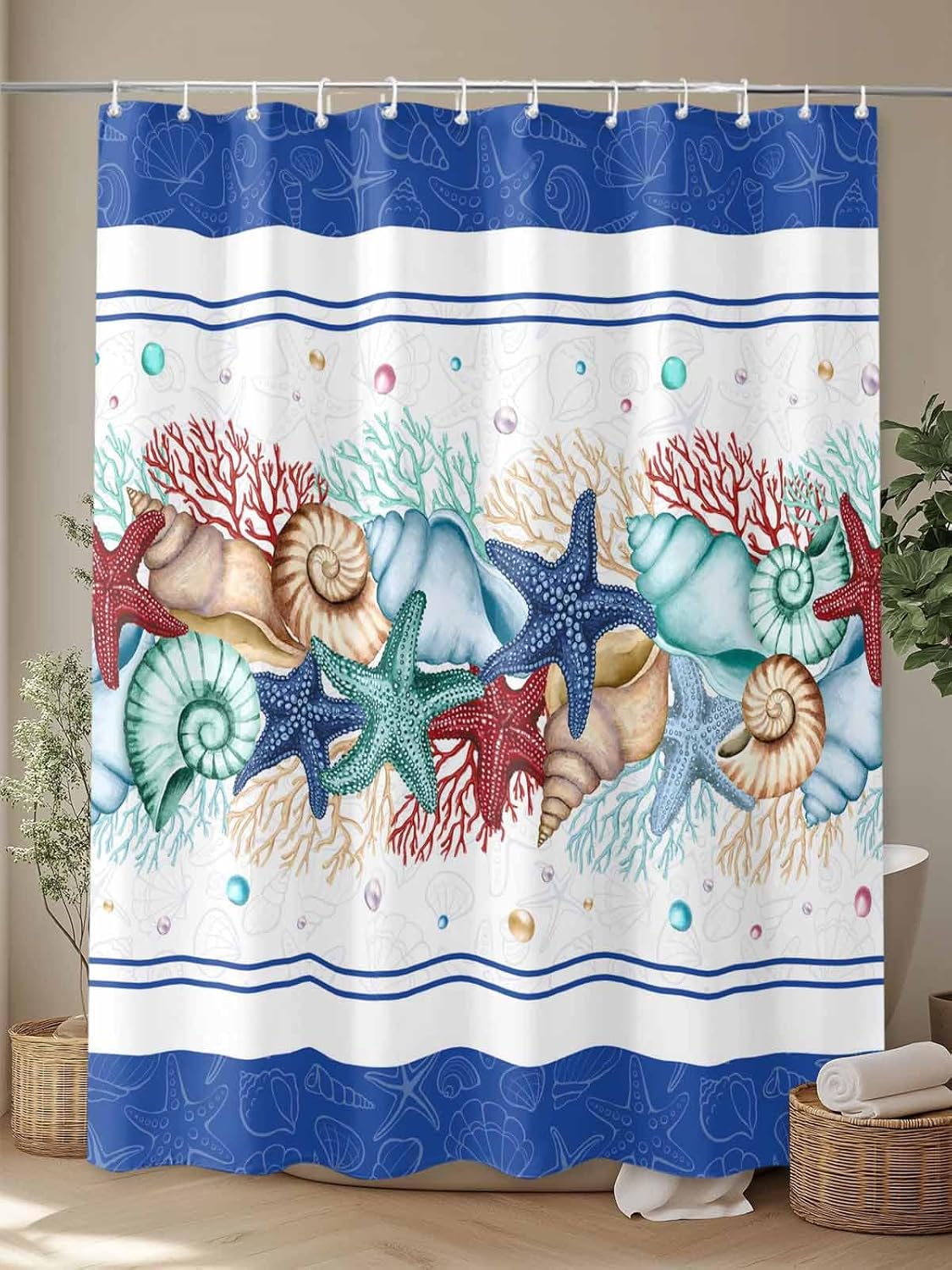 Coastal Beach Shower Curtain, Nautical Ocean Seashell Coral Starfish Shower Curtains Set with Hooks, Blue Teal Summer Waterproof Fabric Bathroom Curtains Decor Home Accessories,72X 96 Inch Extra Long
