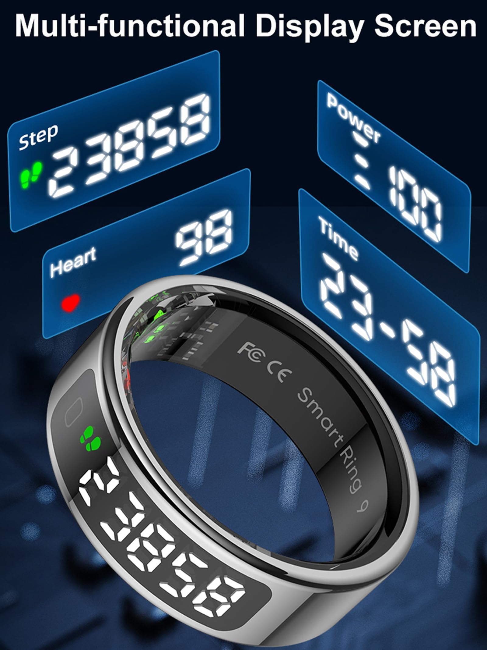 findtime Anello intelligente con display monitoraggio del sonno, monitoraggio della frequenza cardiaca, monitoraggio dell'ossigeno nel sangue, contatore delle dita, controllo dei gesti, contacalorie