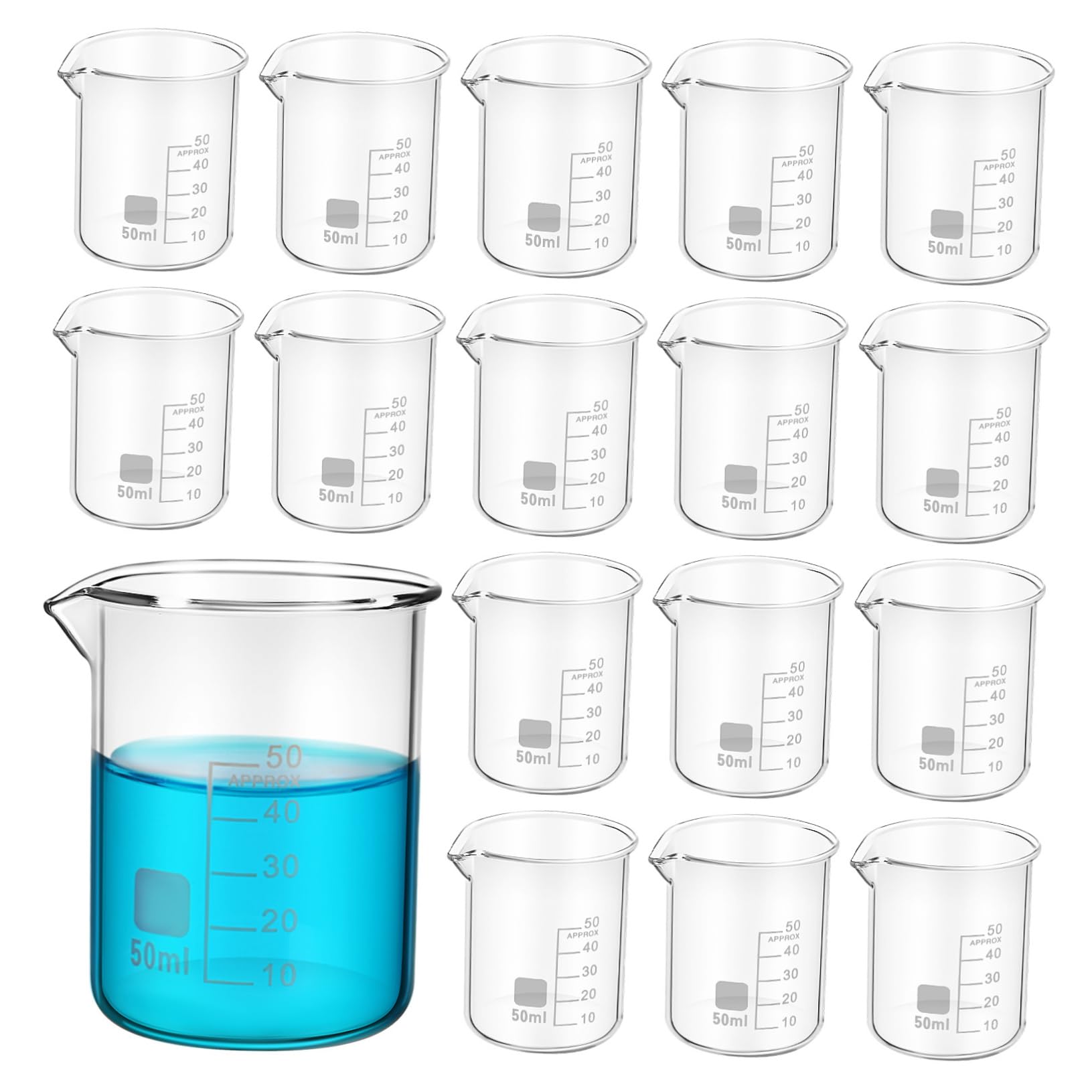 MAGICLULU Vasos de Precipitados de Vidrio 50 Ml sin Asa, Juego de 20 Unidades Marcas Graduadas Precisas, Cristalería de Laboratorio Transparente para Experimentos Científicos y Medición