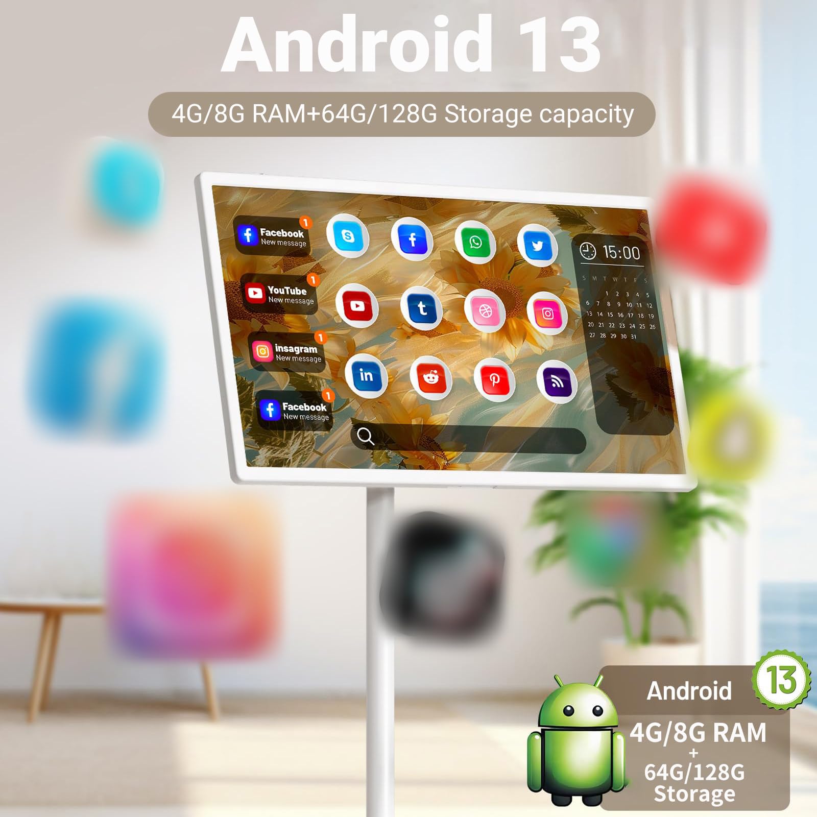 21,5"/24"/27"/32" Przenośny Telewizor, 4+64GB/8+128GB, Wbudowana Bateria 7800/8000/15000mAh, Bezprzewodowe Przesyłanie, 10-Punktowy Monitor Dotykowy do Domu, Biura 32"(4+64GB)