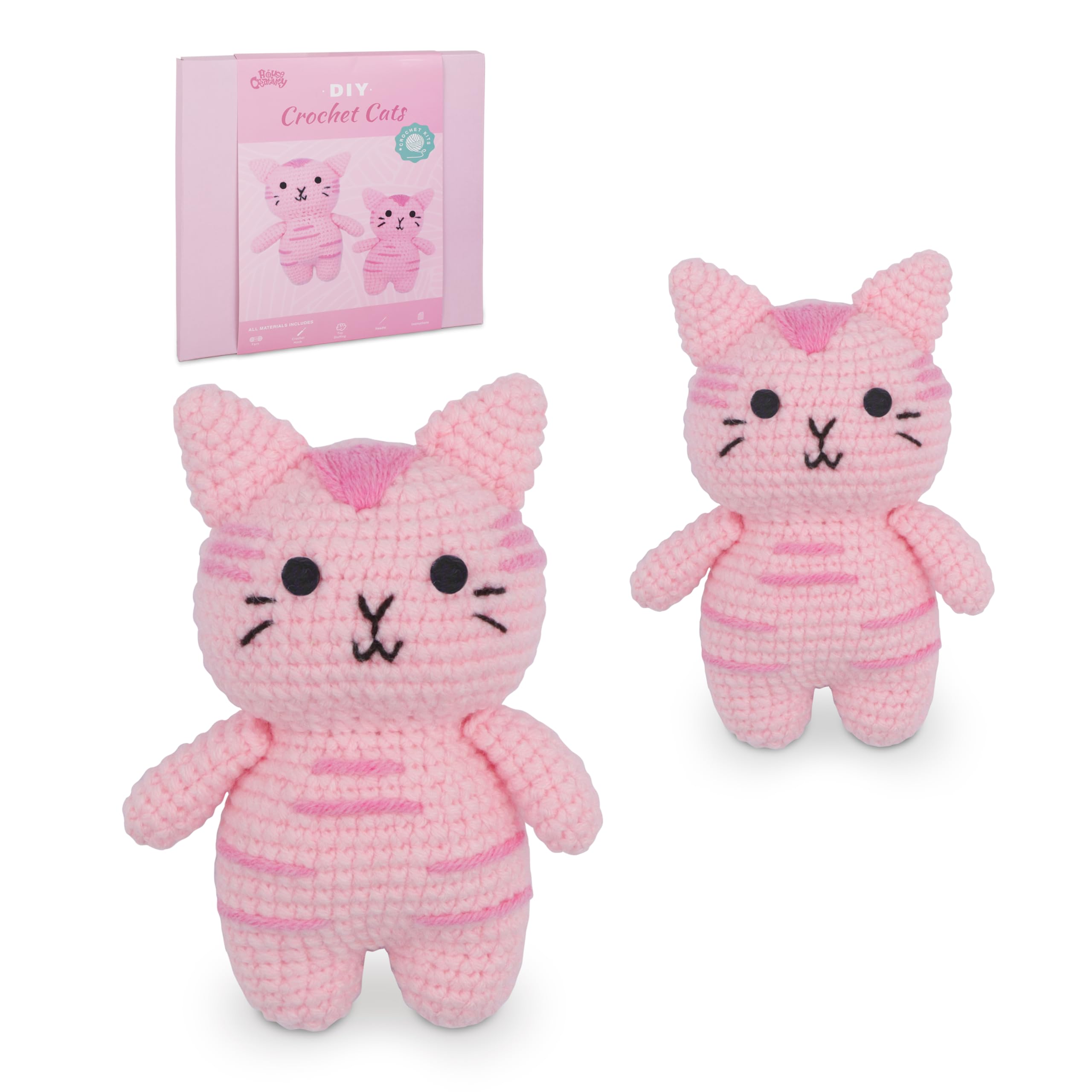 HOUSE CREATIVITY Cat Crochet Kit for Beginners – Make a Variety of Adorable Kittens, Amigurumi Crochet Starter Kit with Yarn, Eyes &amp; Step-by-Step Video Tutorial, DIY Craft for Cat Lovers