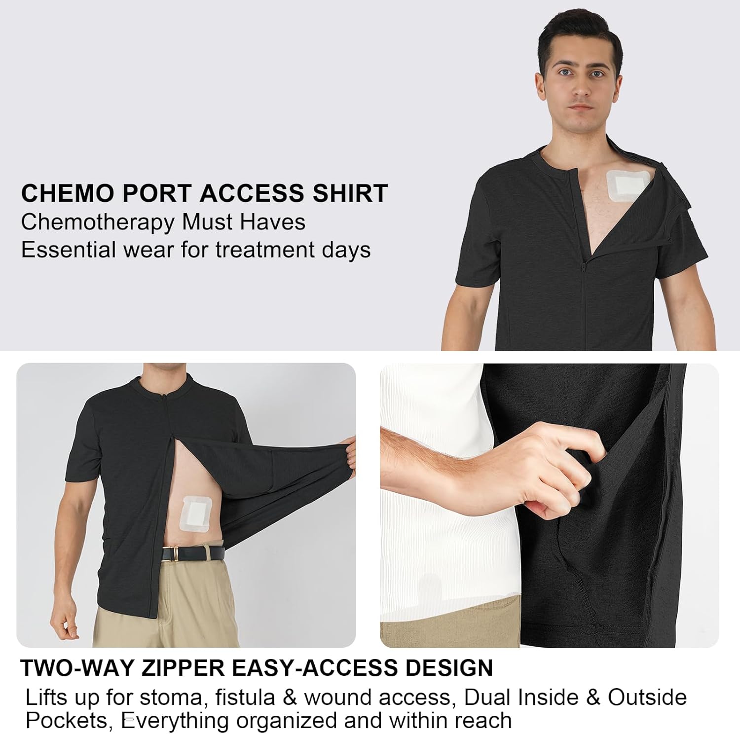 Men's Shoulder Surgery Shirt with One-Hand Zip for Chemo Port Access & Rotator Cuff Recovery & Puppy Flap Short Sleeve
