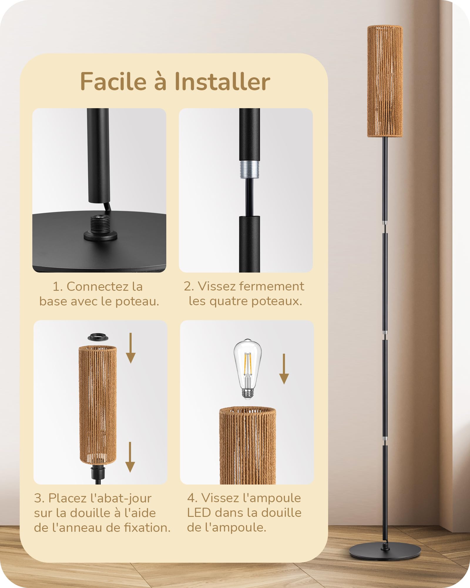 EDISHINE Lampadaire sur Pied Salon avec E27 Ampoule LED de 2700K Lumière Chaude et Abat-jour en Corde Tissée, Interrupteur à Pédale, Lampe sur Pied Moderne pour Salon, Chambre, Bureau, 165 cm