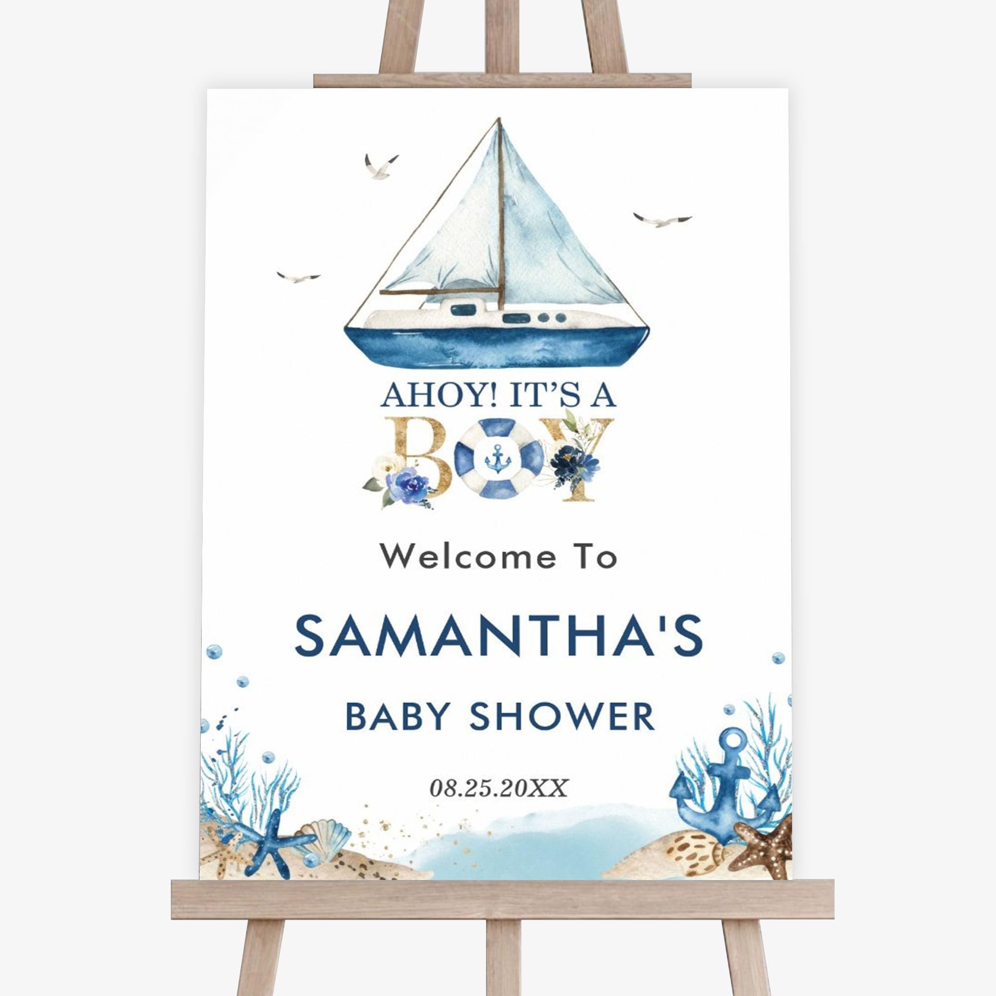 Personalized Chic Nautical Blue Boat Boy Baby Shower Welcome Sign, Beach Themed Welcome Sign For Baby Shower Party Decorations, It's A Boy Baby Shower Signs