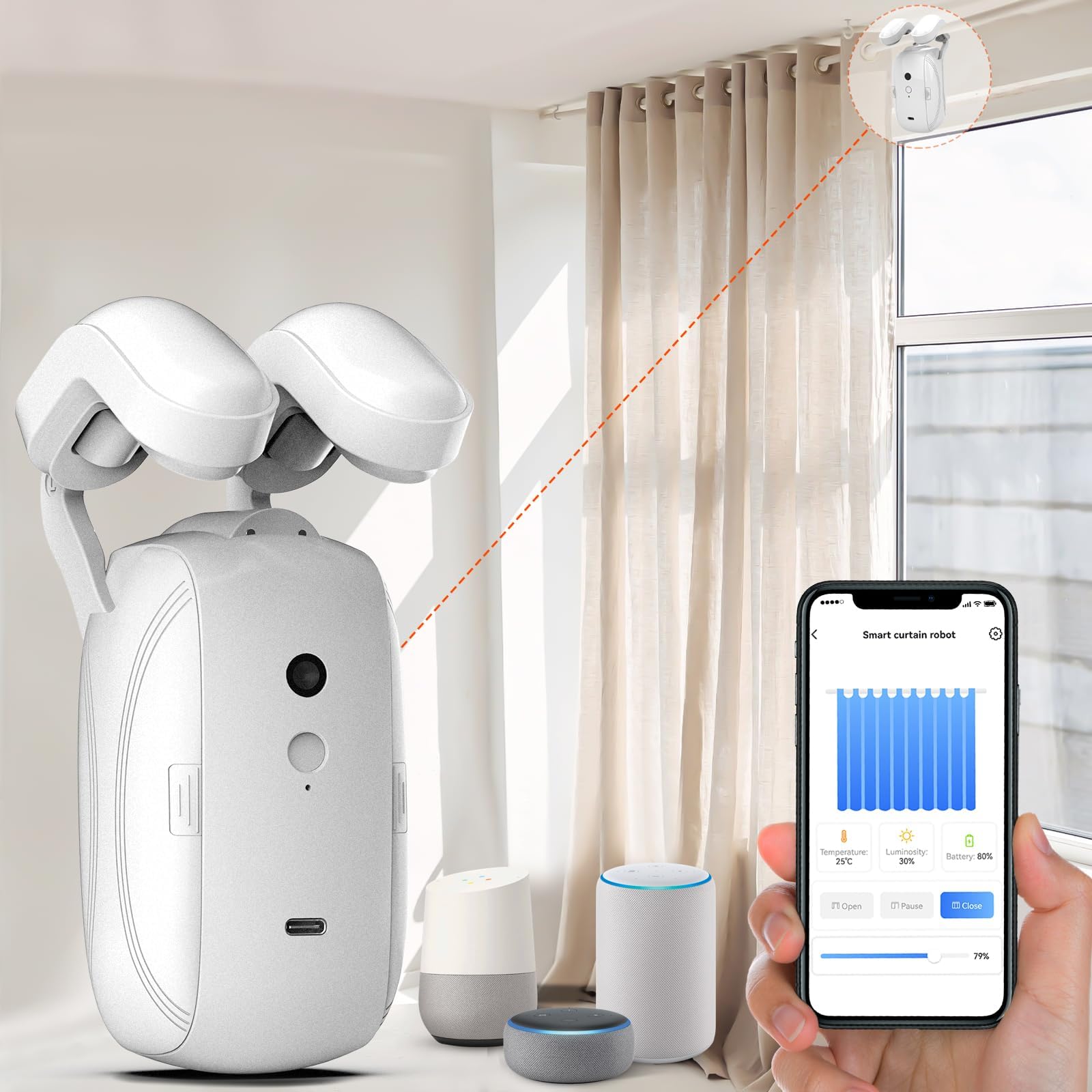 EseesmartSmart Automatic Curtain Opener, Curtain Opener Electronic, Remote Control with App/Timer/Voice, Automatic Light Sensor, Add Gateways, For Google Alexa, No Remote