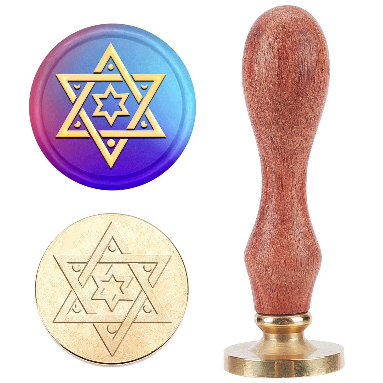 MAYJOYDIY Star of David Wax Seal Stamp Moon Star Hexagonal Sealing Wax Stamps 6 Pointed Star 25mm Stamps Copper Seals Durable Removable for Envelopes Invitations Card Gift Wrapping