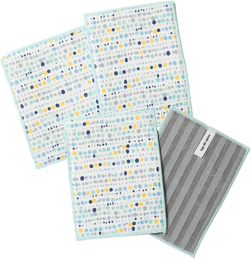 Scrubby Machine Washable Dishcloth Set in Dots Blue, 4 Pack 2 in 1 Non Scratch Reusable Quick Dry Cleaning Cloths Made from Recycled Materials, Eco Friendly Kitchen Dishcloths