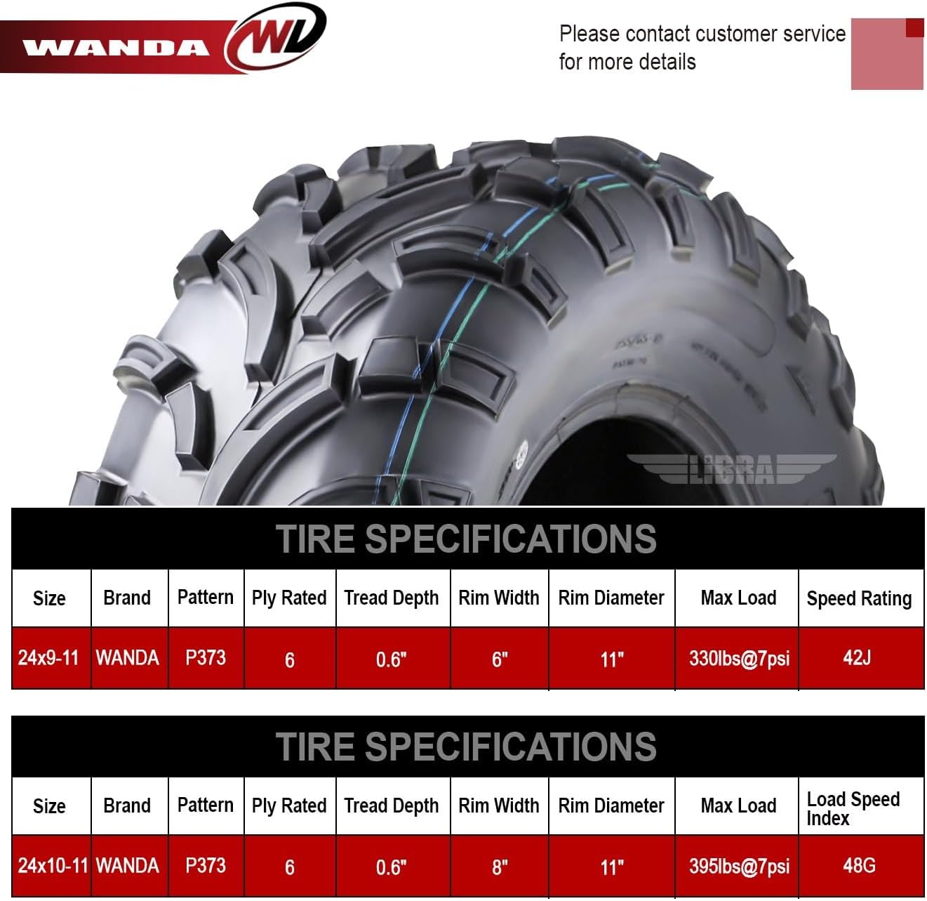 WANDA UTV ATV Tires 24x9-11 Front & 24x10-11 Rear /6PR P373 Lit Mud