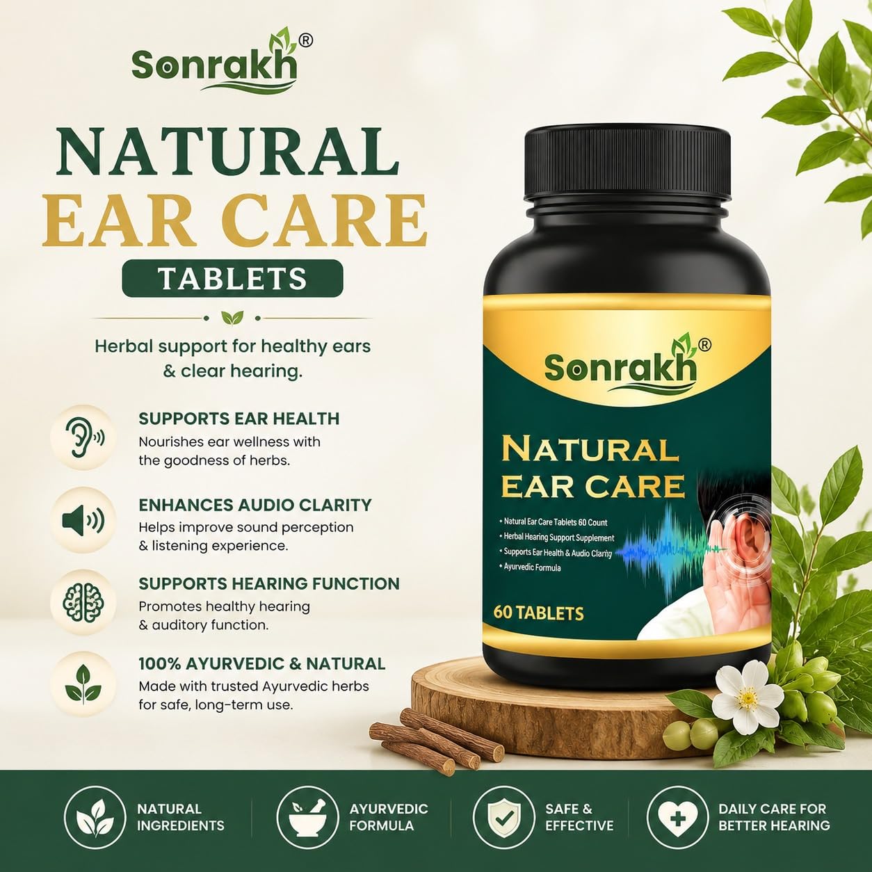Natural Ear Care Tablets 60 Count | Herbal Hearing Support Supplement | Supports Ear Health & Audio Clarity | Ayurvedic Formula — Amazon image 4
