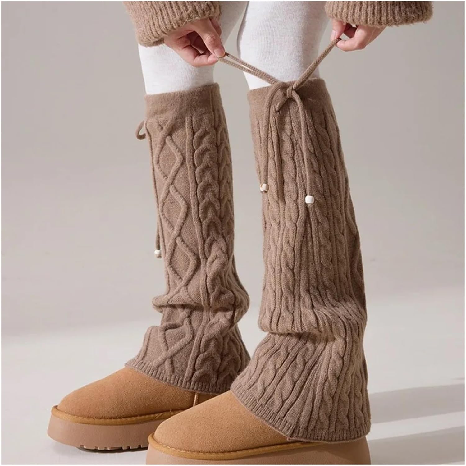 Women's Knitted Leg Warmers Thick Cable And Diamond Pattern Drawstring Tie Wide Boot Socks For Autumn Winter Warmth