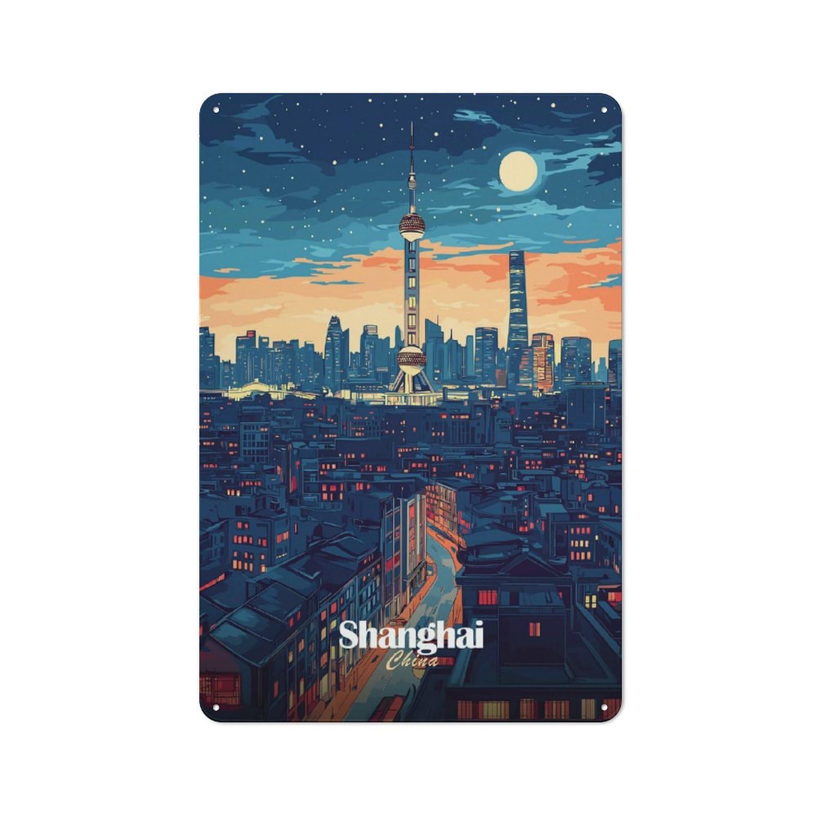 Junmoney Style-5 Rustic Metal Sign With Shanghai Skyline Night Design 30X20cm, Country Vintage Cottage Wall Art For Kitchen, Cottage, Porch Or Garden Room