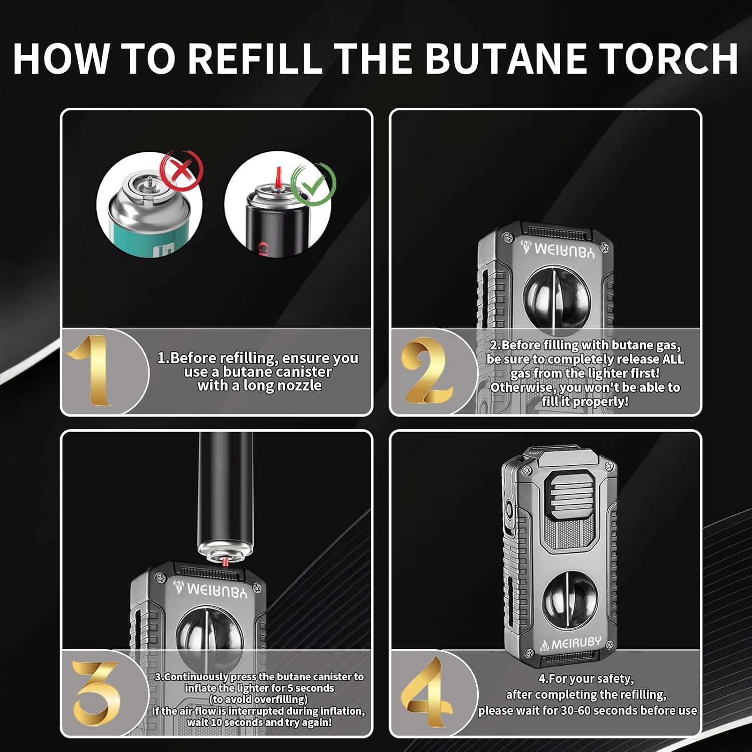 MEIRUBY 5-in-1 Butane Torch Lighter, Refillable Jet Flame Cigar Lighter with V-Cutter, Punch, Holder and Draw Tool, Multi-Functional Cigar Accessories Gift for Men, Dad, Husband, Friend & Cigar Lover