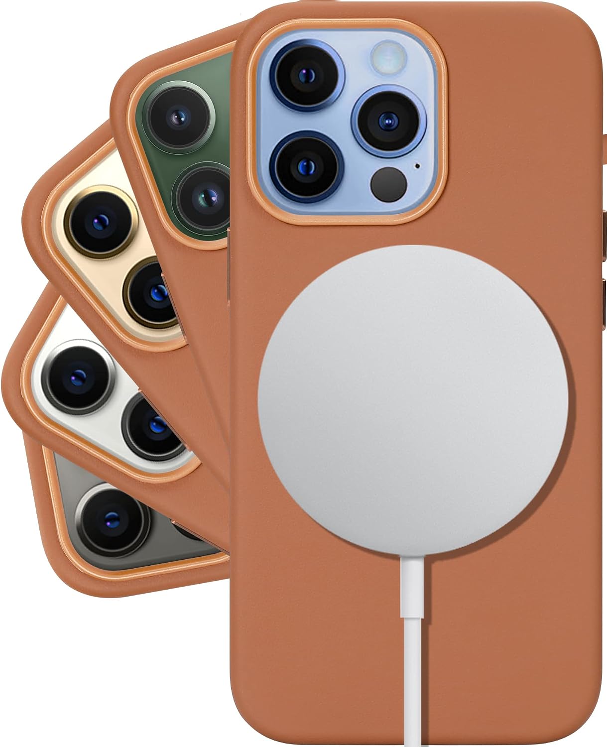 LONLI Classic - Italian Nappa Leather Case (for Apple iPhone 13 Pro Max) - Compatible with MagSafe | Raised Edges for Full Body Protection | Brandless and Classic - Caramel