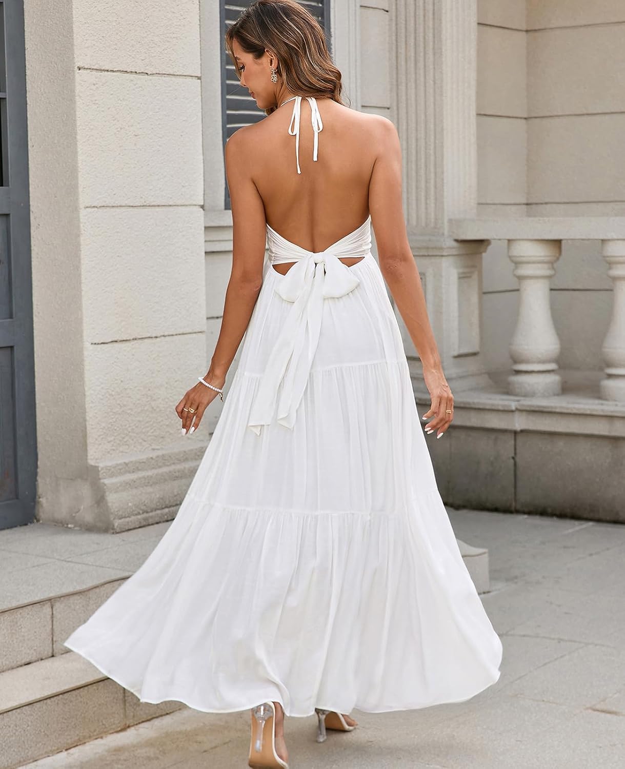 GLNEGE Summer Maxi Beach Dress Boho Halter V Neck Backless Bow Dresses Flowy Trendy Ruffle Sundress for Women 2025 - Image 3