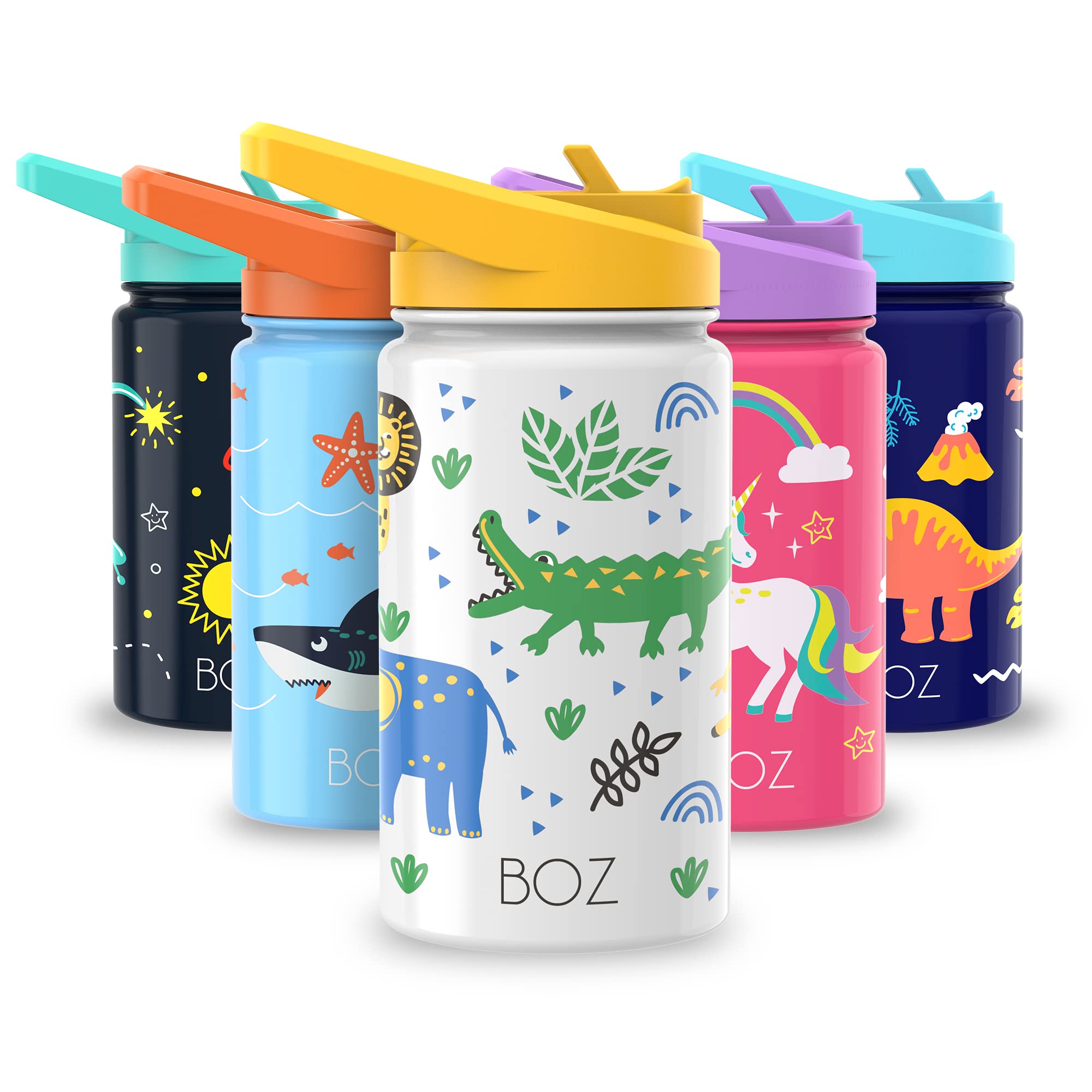 BOZ Borraccia Bambini con Cannuccia e Tappo Antiperdita da 400 ml, Borraccia Termica con Cannuccia Bambini, Lavabile in Lavastoviglie, Plastica Priva di BPA, Stampa Antigraffio (Fantasia Safari)