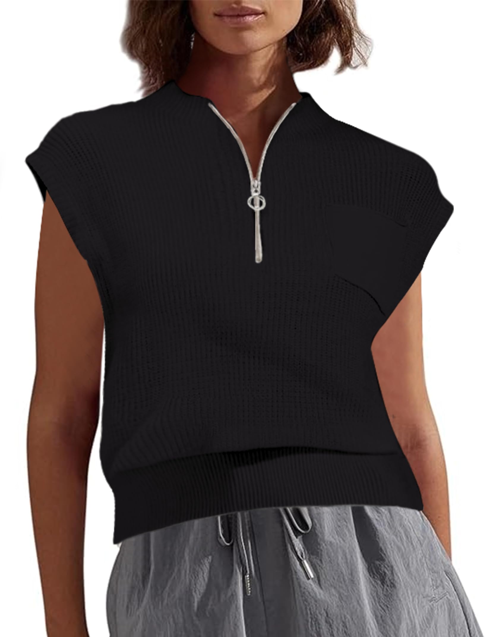 Women Sleeveless Knit Zip Sweater Vest Loose Fit Mock Neck Casual Tank Top with Front Pocket