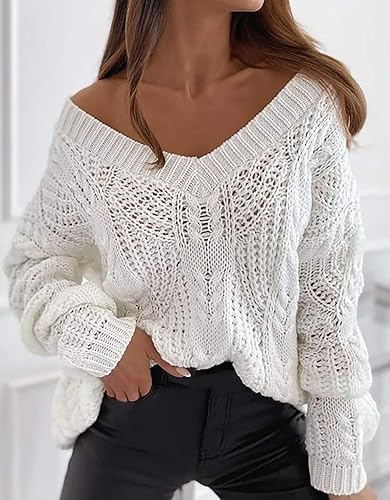 Miniatura 4 de Sexy V Neck Sweaters for Women Jacquard Knit Jumper Tops Casual Trendy Fall Pullover Loose Batwing Sleeve Blouse