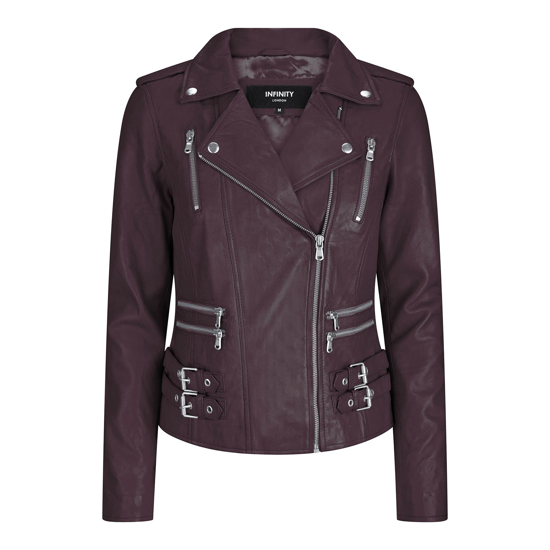 Womens Ladies Real Soft Leather Racing Style Biker Jacket Burgundy