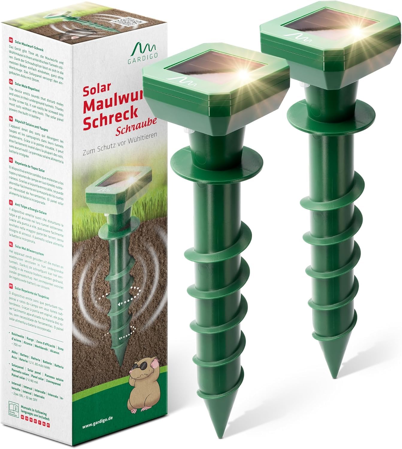GARDIGO® Ahuyentador de Topos 2 Unidades | Dispositivo Solar con Señal Acústica | Alcance hasta 700 m² | Frecuencia a Intervalos | Anti Topos Jardin | Protección contra Agua IPX4 | Repelente para Topo