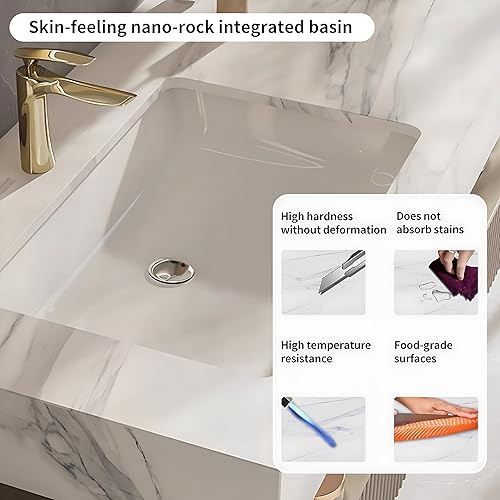 Miniatura 5 de Tocador de baño con lavabo  Armario flotante de doble lavabo y gabinete LED inteligente con espejo antiempañador, material de madera maciza