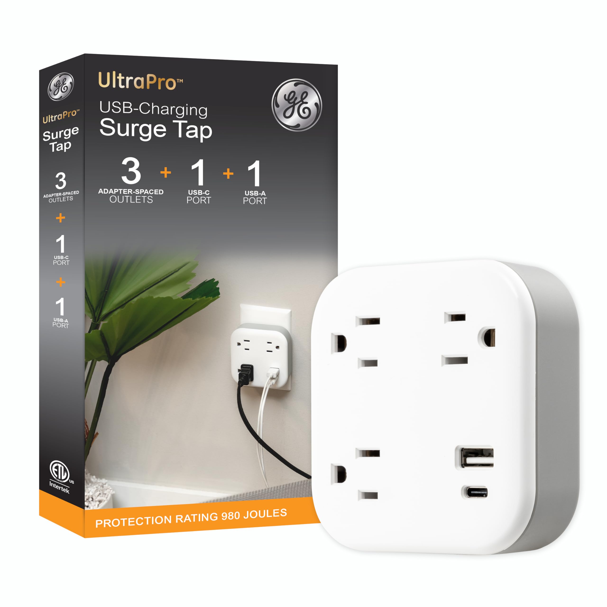 GE UltraPro 3-Outlet Surge Protector, Outlet Extendor with USB, Wall Tap, 1 USB-A, 1 USB-C, Adapter Spaced, for Home or Office, 900 Joules, Charging