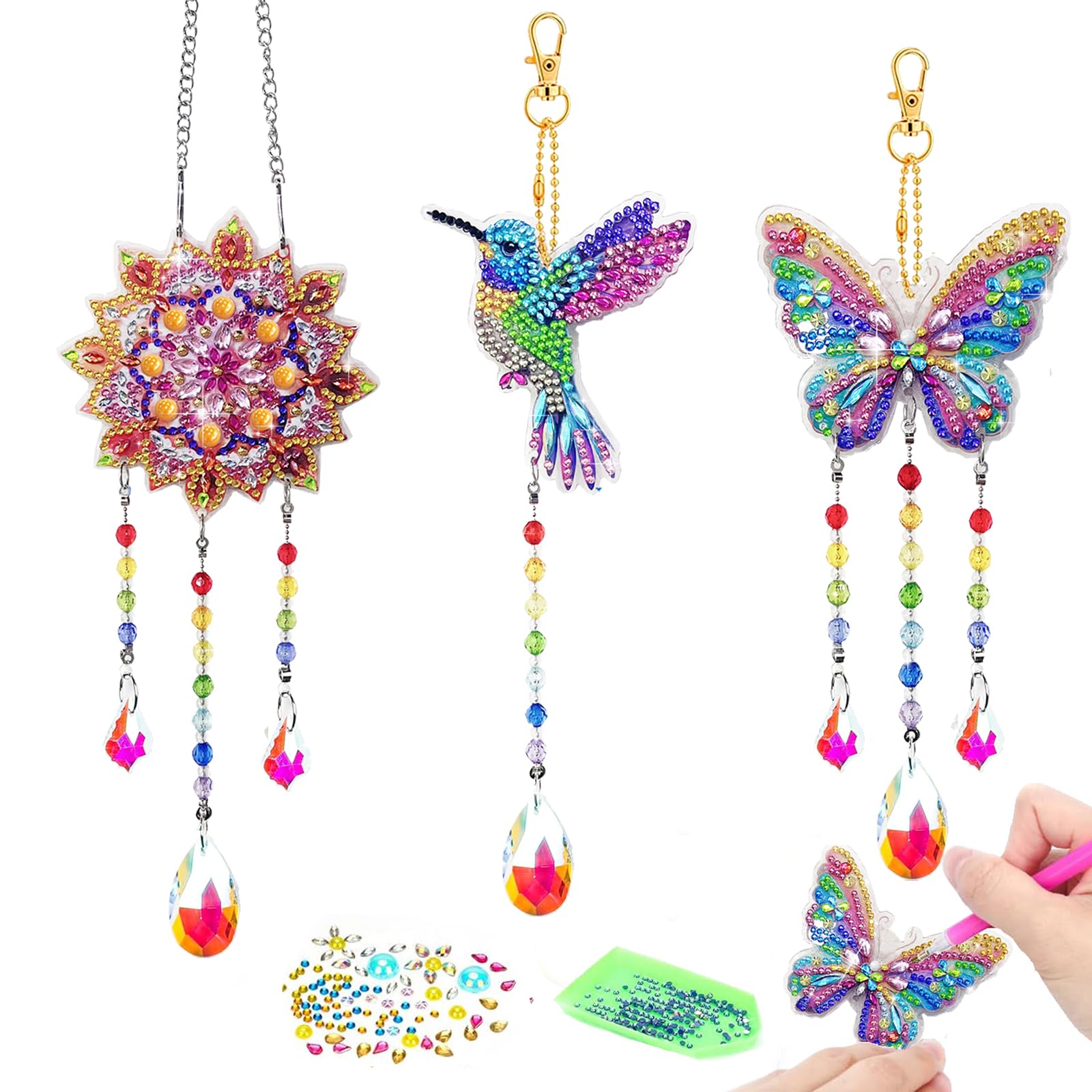 Loisirs créatifs peinture diamant enfants : Kit carillon papillon soleil et colibri DIY