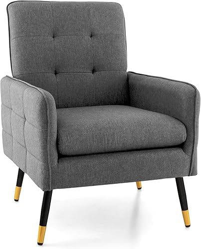 Miniatura 20 de Giantex Silla decorativa moderna de mediados de siglo, sillón tapizado con respaldo copetudo, patas de metal, almohadillas ajustables, sofá