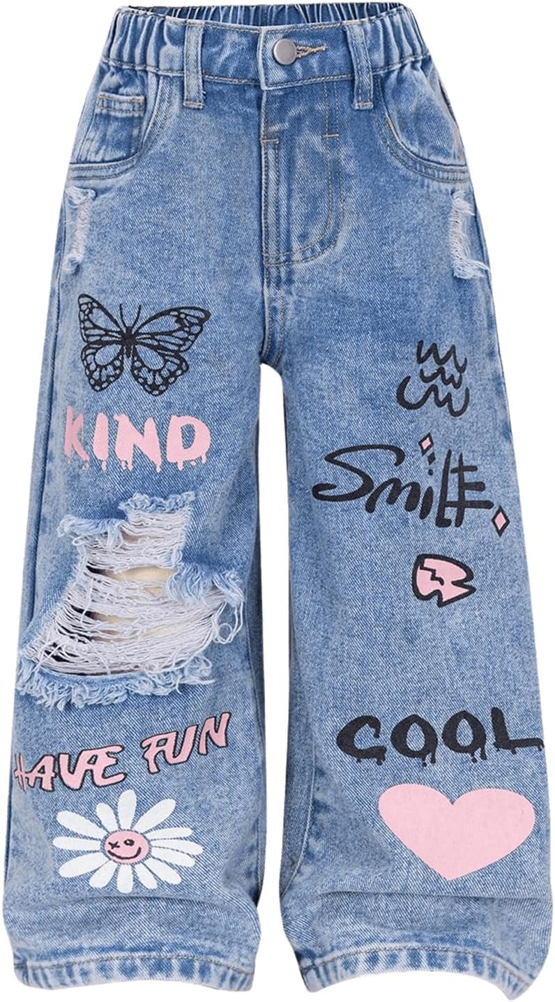 GORGLITTER Girl's Baggy Jeans Denim Ripped High Waisted Butterfly Graphic Print Straight Wide Leg Cargo Joggers Pants
