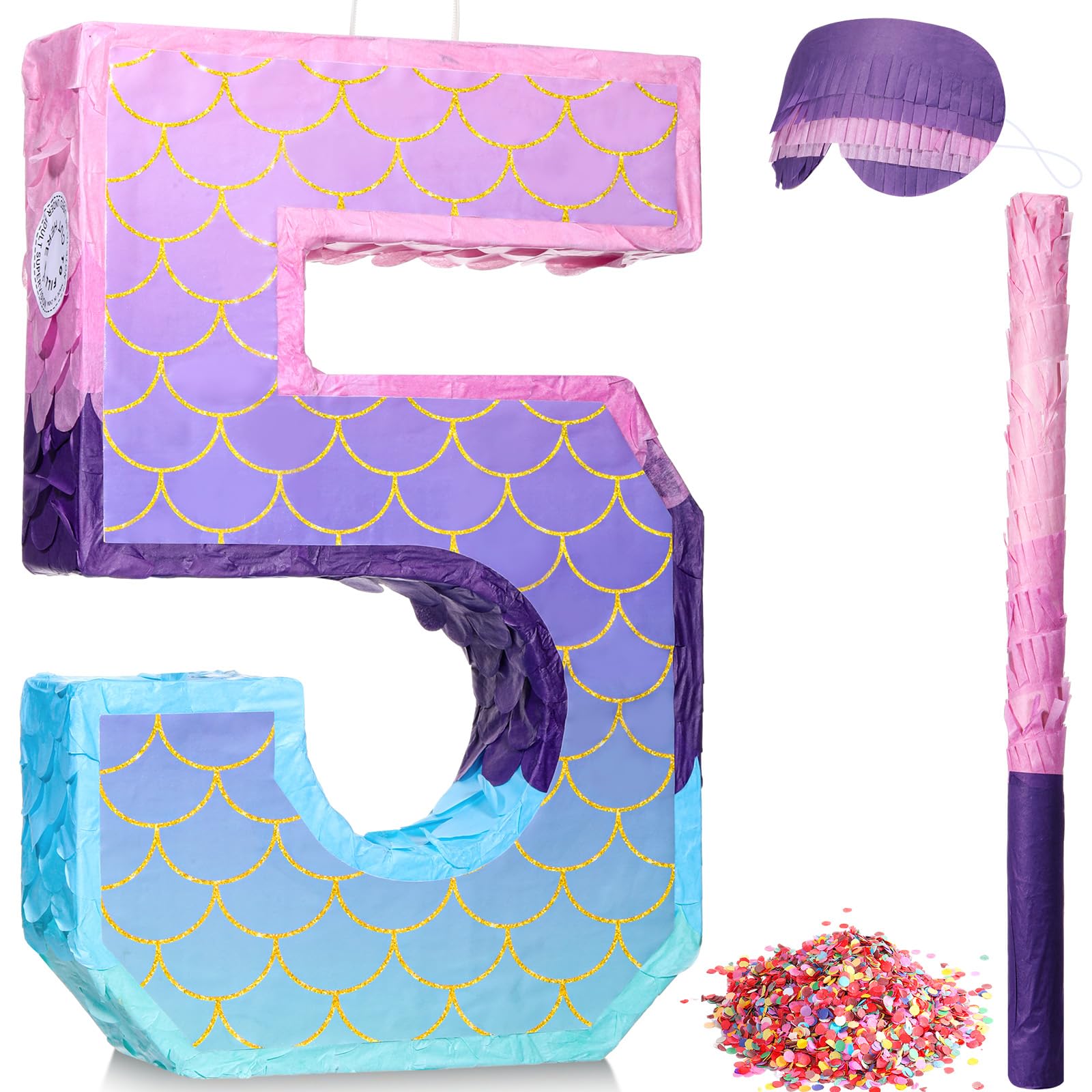 Shappy 16 Inch Mermaid Piñata Purple Number Birthday Piñata Party with Stick Blindfold Confetti for Anniversary Celebration Birthday Decoration