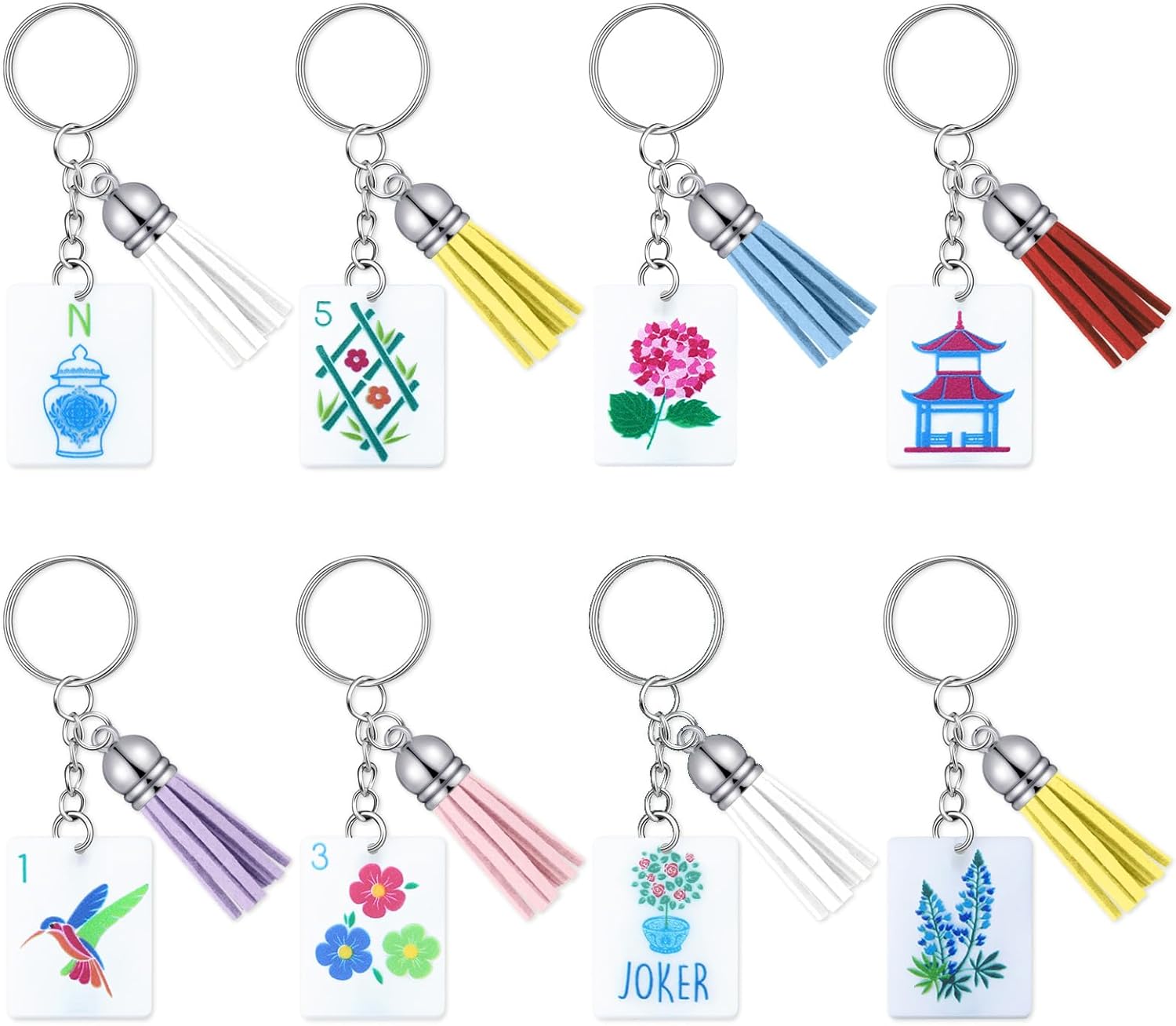 Novabright 8 Pcs Mahjong Tile Keychain with Tassels Funny Bag Ornament Acrylic Key Rings Set Mahjong Jewelry Accessories for Women Men Gifts Valentines Romantic Party Favors, 8 Styles