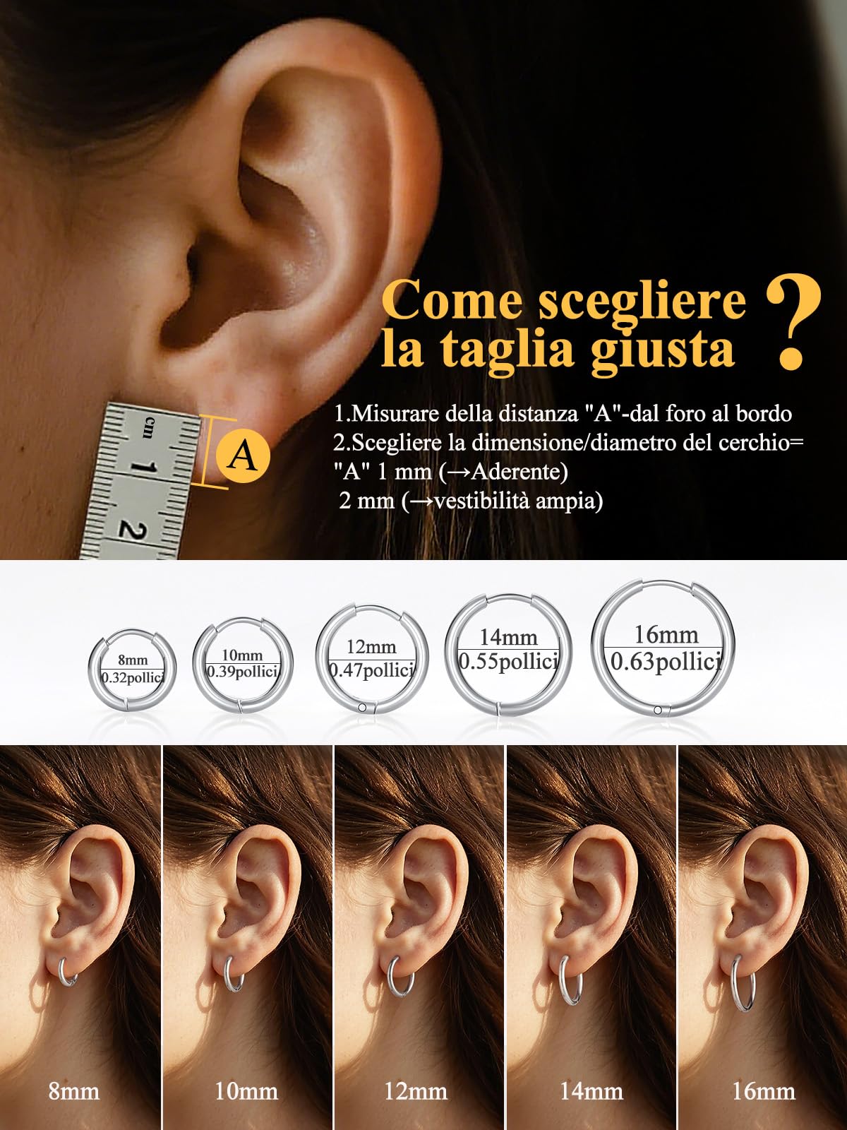 Orecchini Huggie a Cerchio Piccolo 7-16mm Larghezza 2-3mm Acciaio Inossidabile Nero Oro Uomo Donna