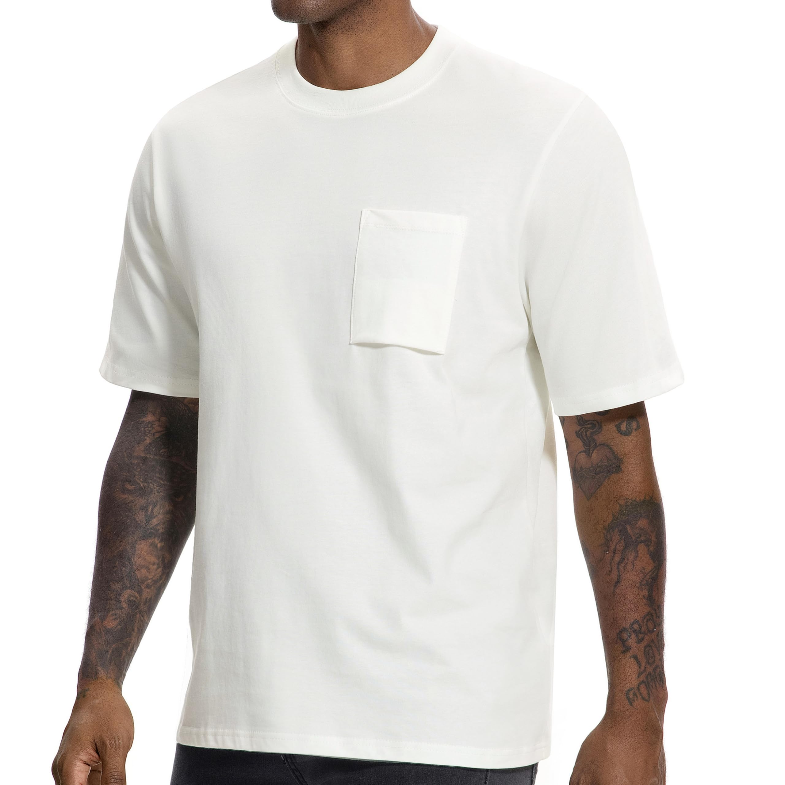 VEIISAR Herren 100% Baumwolle 250GSM Heavyweight Pocket T-Shirt – einfarbig, Rundhals, schweres T-Shirt für Männer