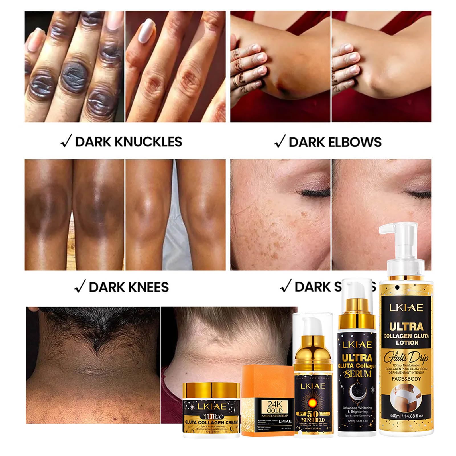 LKIAE Ultra Glutathione and Collagen Whitening Skin Care Set, Moisturizing, Reduce Dark Spots, Melanin, Hyperpigmentation