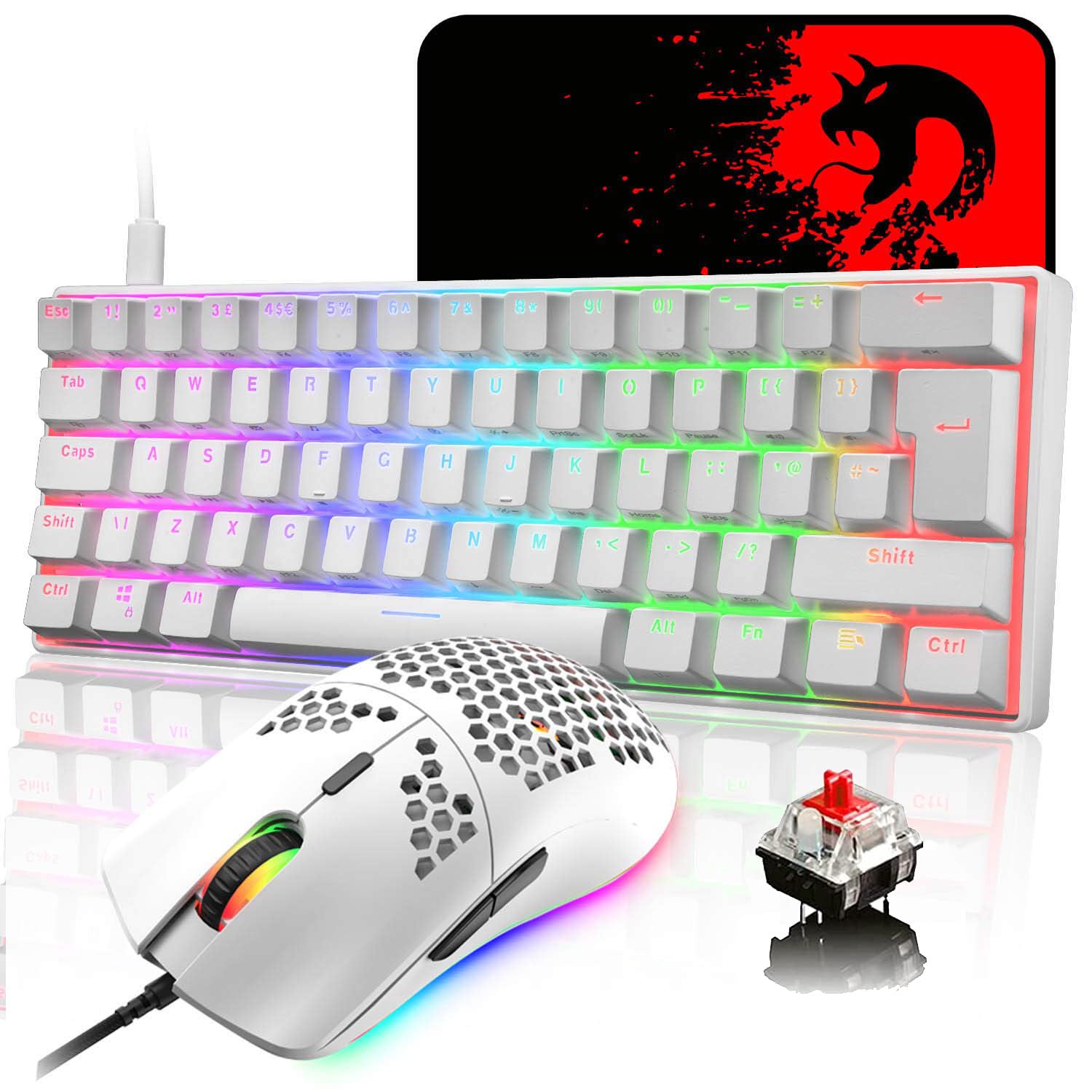LexonElec MK21 Set Mouse con Tastiera Meccanica al 60% Wired, UK Layout 62 Tasti Tastiera da Gioco Backlit Chroma RGB + 6400DPI Mouse Ultraleggero + Mouse Pad Per PS4, Xbox, PC - Red Switch/Bianco