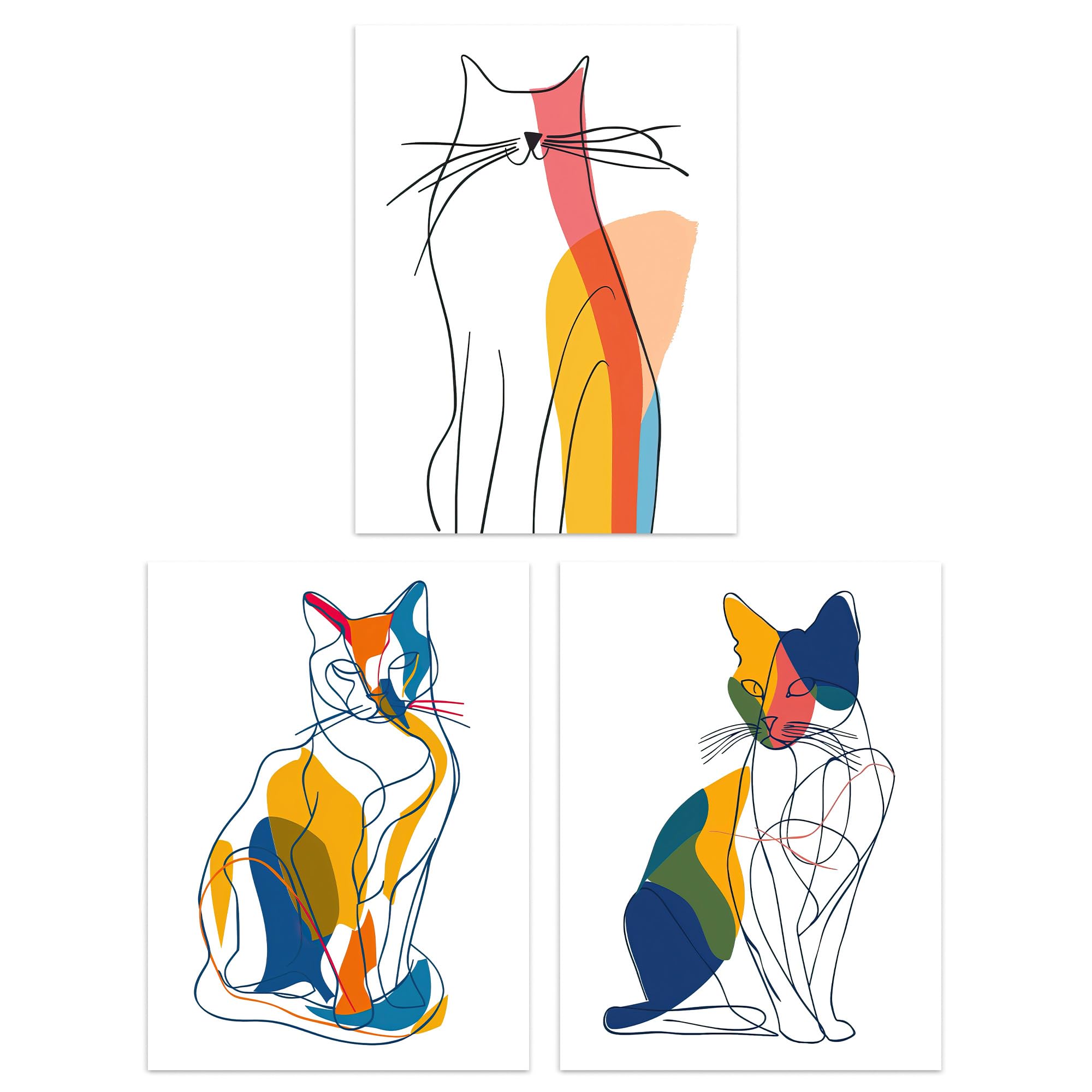 Set of 3 Modern Colourful Abstract Line Cat Lover 12X16"" Wall Art Prints
