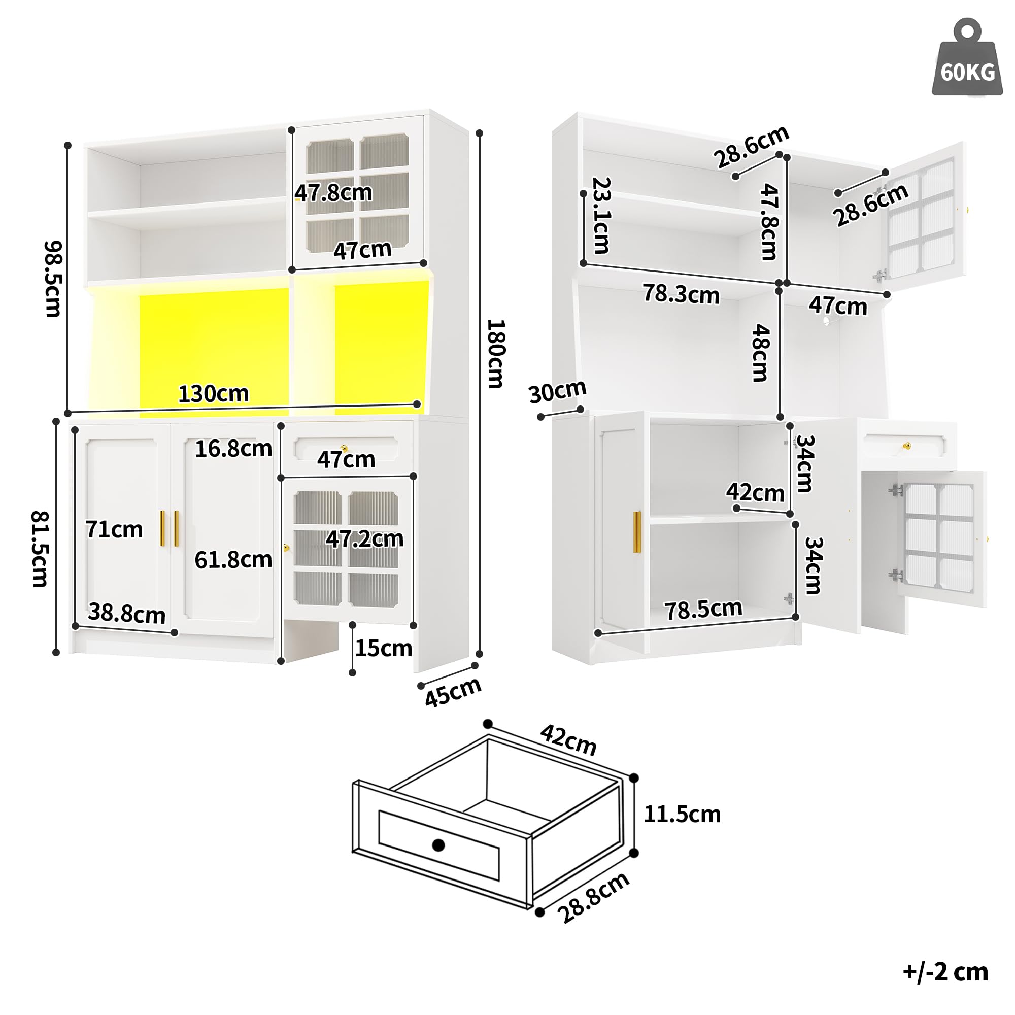 Armadio da cucina con piano di lavoro e illuminazione a LED, credenza con ante in vetro, credenza con cassetti, 130 x 45 x 180 cm (bianco)