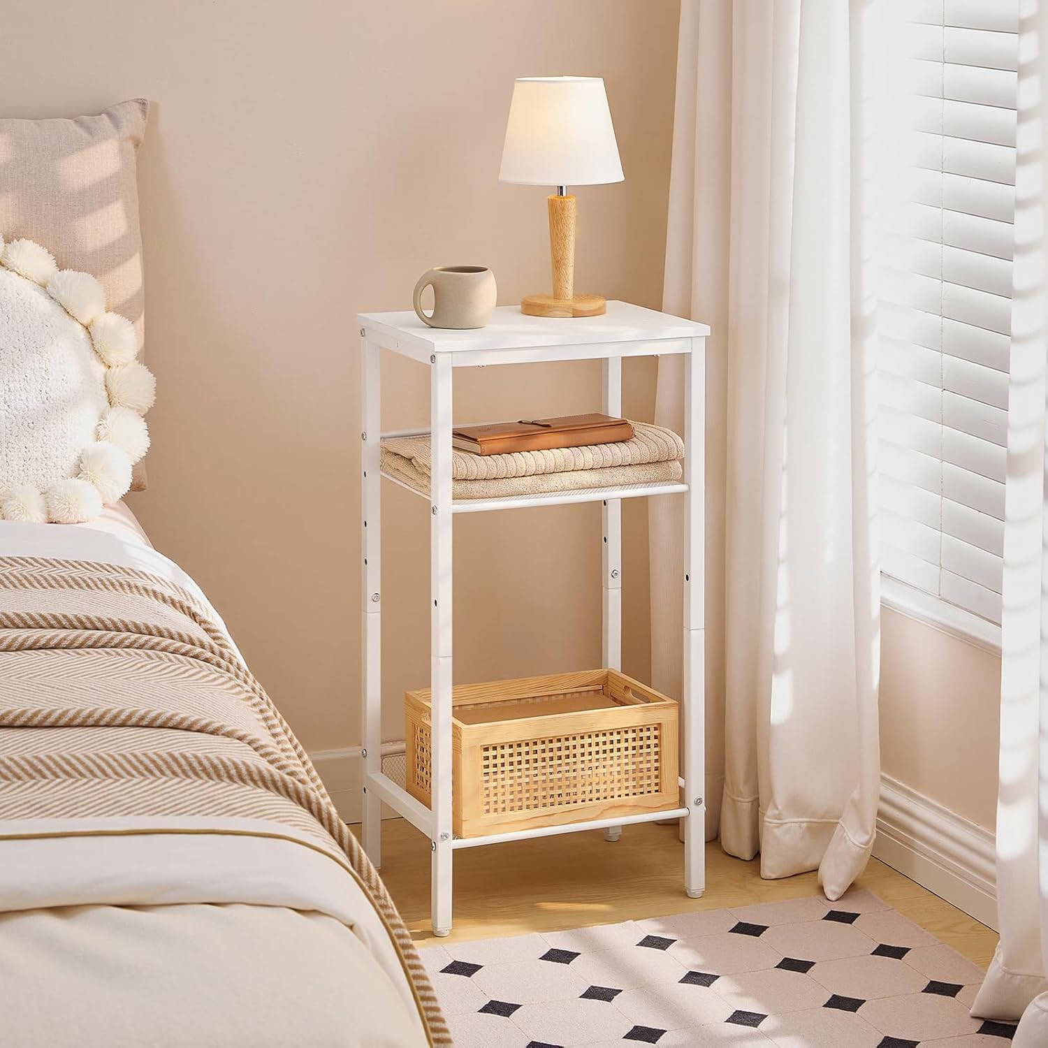 HOOBRO Tall Side Table, 3-Tier Telephone End Table with Adjustable Mesh Shelves, Small Entryway Table with Storage, Small Nightstand for Living Room, Bedroom, Hallway, Office, White WW01DH01G1