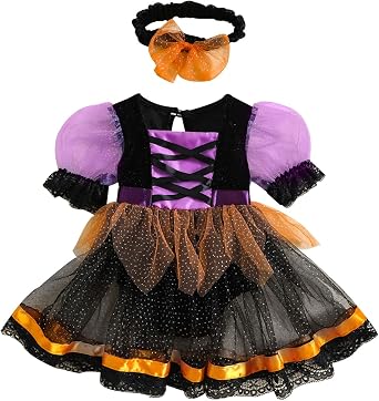 Baby Girl Halloween Witch Clothes Puff Short Sleeve Mesh Tulle Romper Dress Spider Lace Tutu Dress Party Outfit