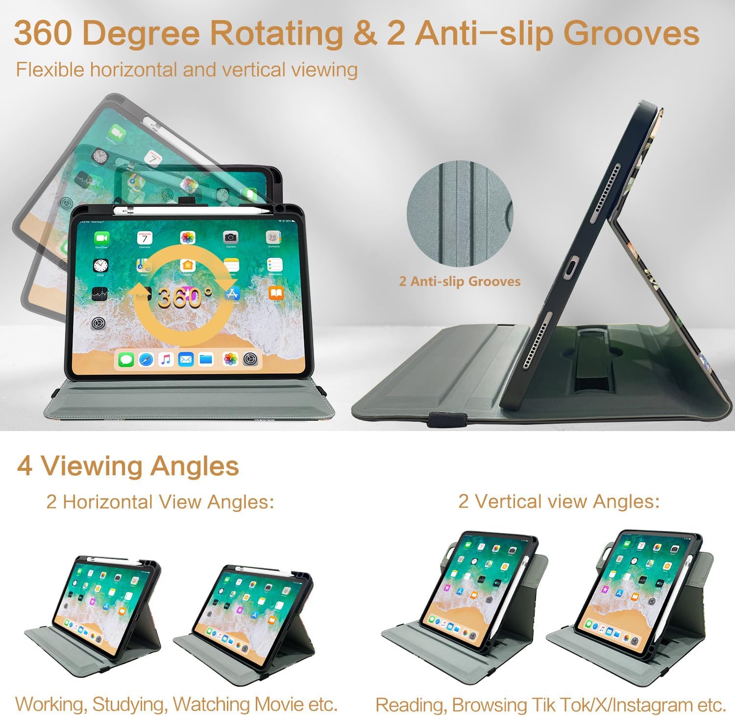 Vimorco Rotating Case for iPad A16 11th/10th Generation 2025/2022, for iPad A16 Case 11th/10th Generation 360 Degree Rotating, 4 Viewing Angles, Pencil Holder/Hand Strap/Pocket,Black Flower Butterfly