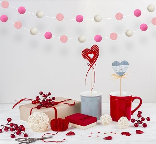 Vista 30 de Guirnalda de bola de fieltro para el día de San Valentín, guirnalda de pompones de corazón rosa y blanco para árbol del hogar, día de San Valentín