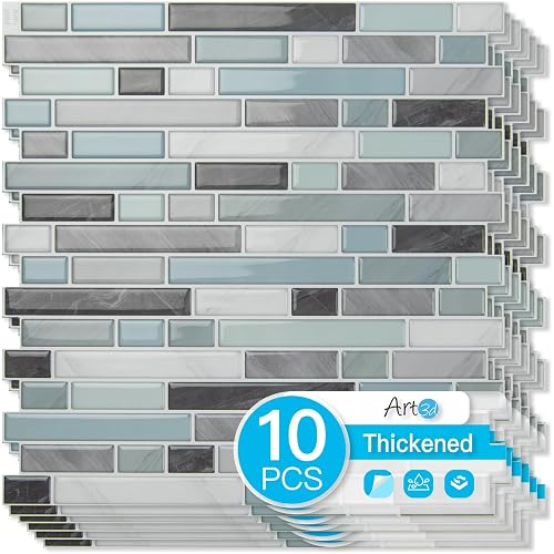 Art3d Linear Design Tile Peel and Stick Backsplash, 10-Sheet, Gray & Blue | 12 x 12 Inch, Enhanced Thickness, Warp Resistant, Strong Adhesion, Sturdy, for Kitchen, Bedroom, Ideal for Home Improvement