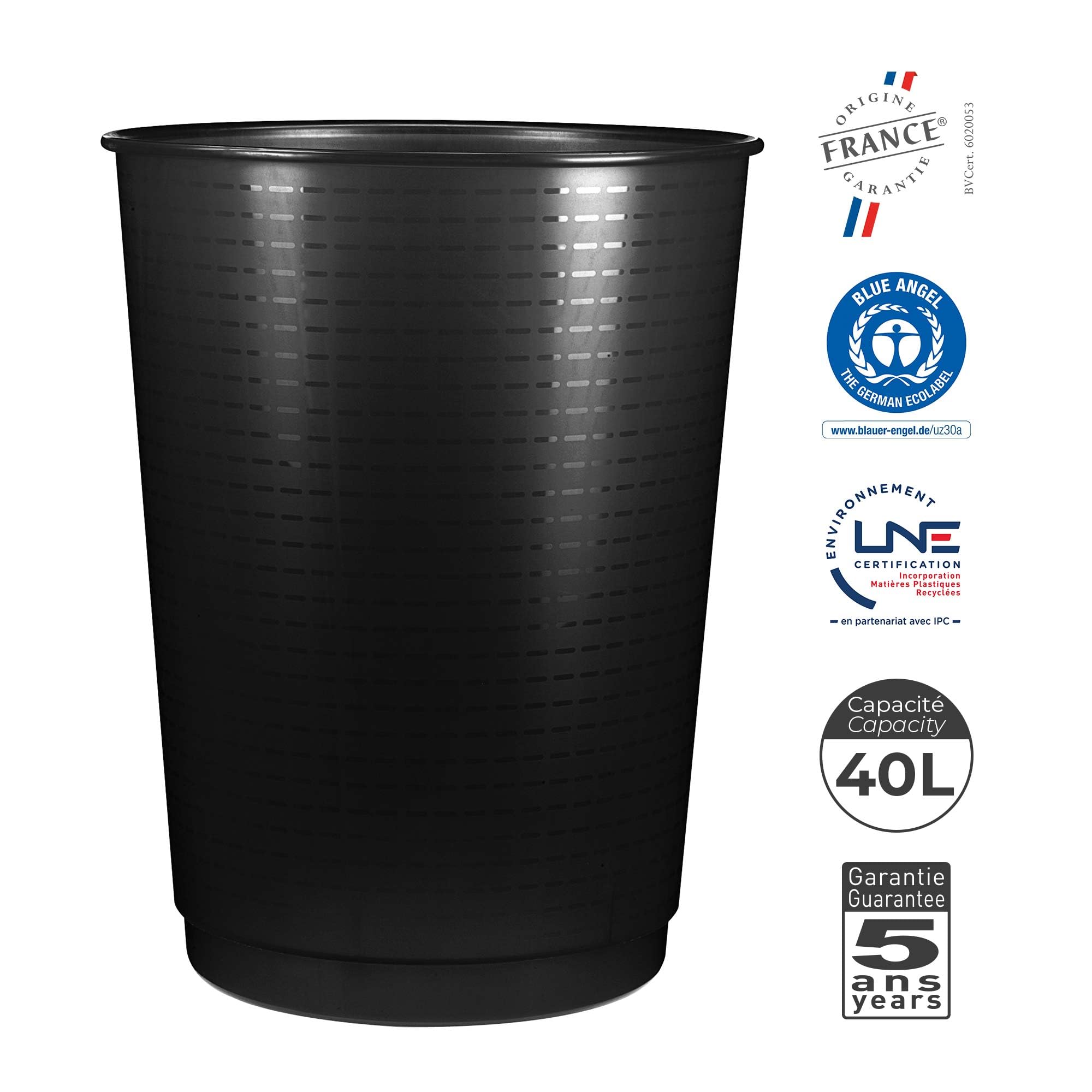 Corbeille à papier maxi capacité Cep Pro noire 40 L | Polypropylène, 49 cm