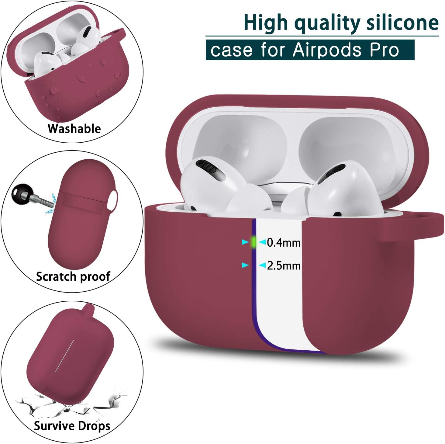 R-fun AirPods Pro Case Cover with Keychain, Full Protective Silicone Skin Accessories for Women Men Girl with Apple 2019 Latest AirPods Pro Case, Front LED Visible-Wine red