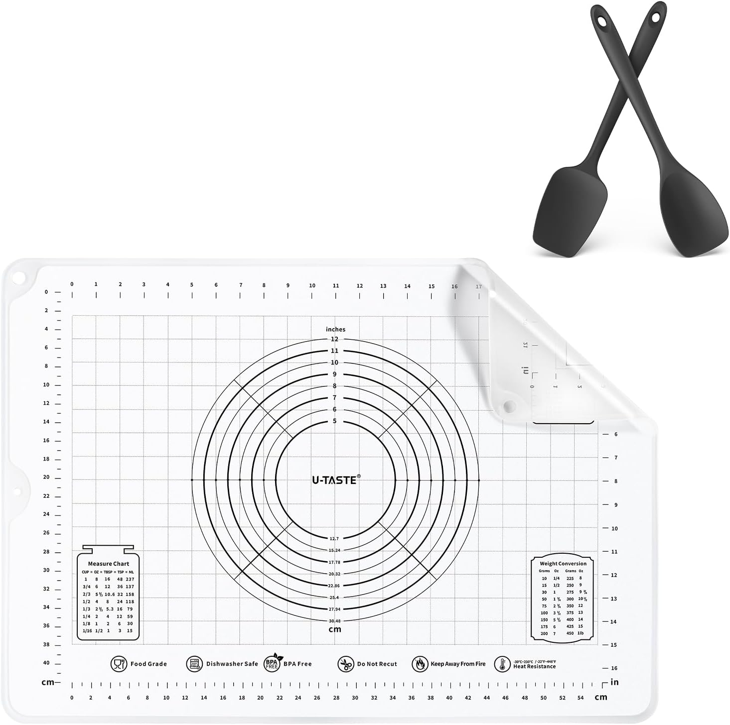 U-Taste 28"x20" Large Food-Grade Liquid Silicone Pastry Mat (Transparent) and 600ºF Heat Resistat Silicone Flexible Baking Spoon Spatula & Cooking Scoop Spoonula (Black)