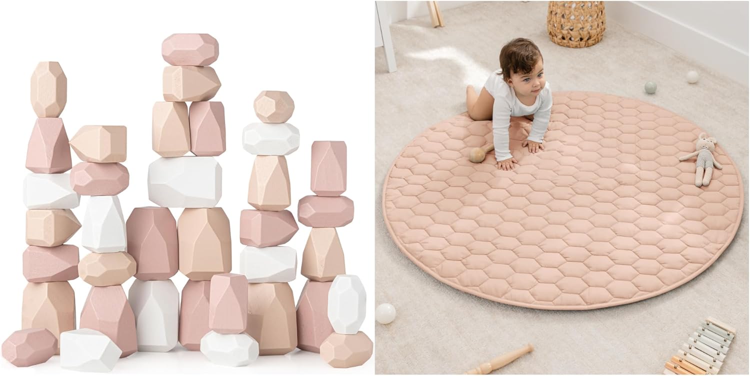 Comfy Cubs Stacking Rocks and Round Kids Play Mat Bundled