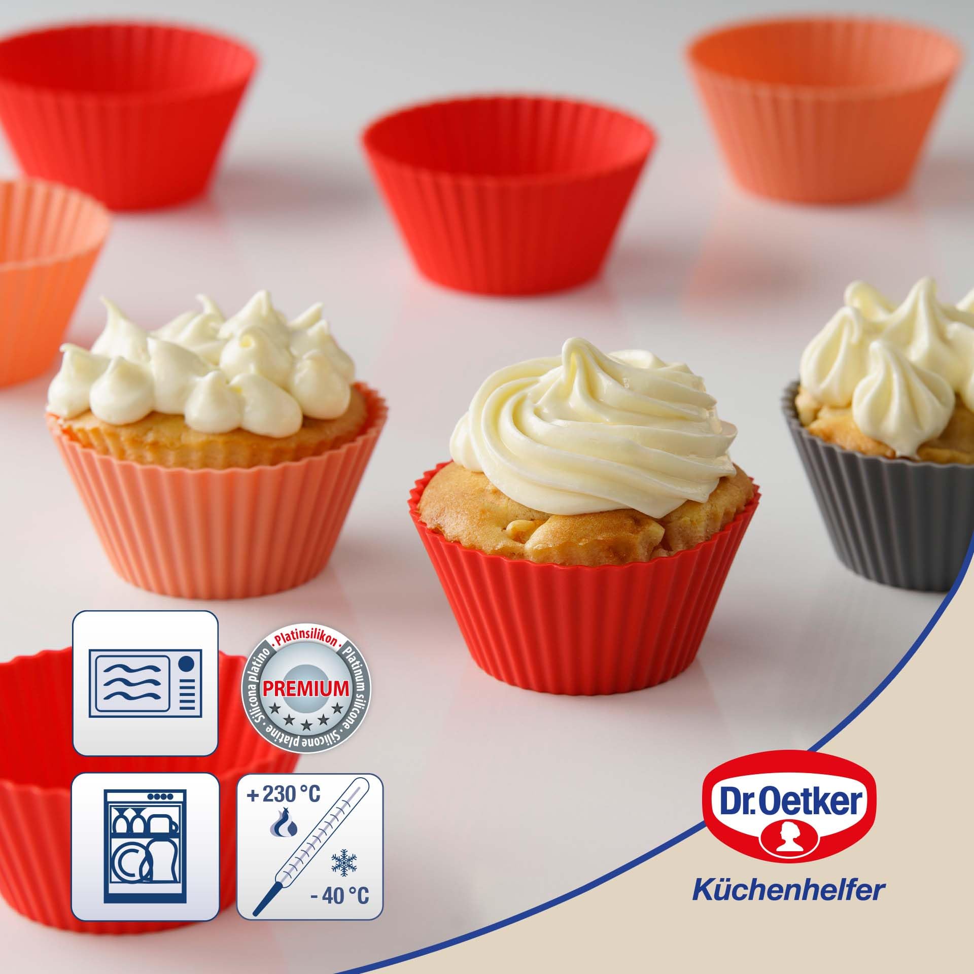 Dr. Oetker Capsulas de Silicona para Magdalenas, moldes Individuales para Hornear Muffins o Cupcakes, en Colores, 6,5x4cm, 12uds Platinum, Surtidos en Gris, Naranja y Rojo, 6,5 x 6,5 x 4 cm (1263)