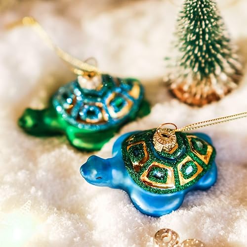 Adornos de Navidad de tortuga marina soplada a mano, juego de 2 tesoros oceánicos con detalles dorados, decoración costera de vidrio soplado a boca,