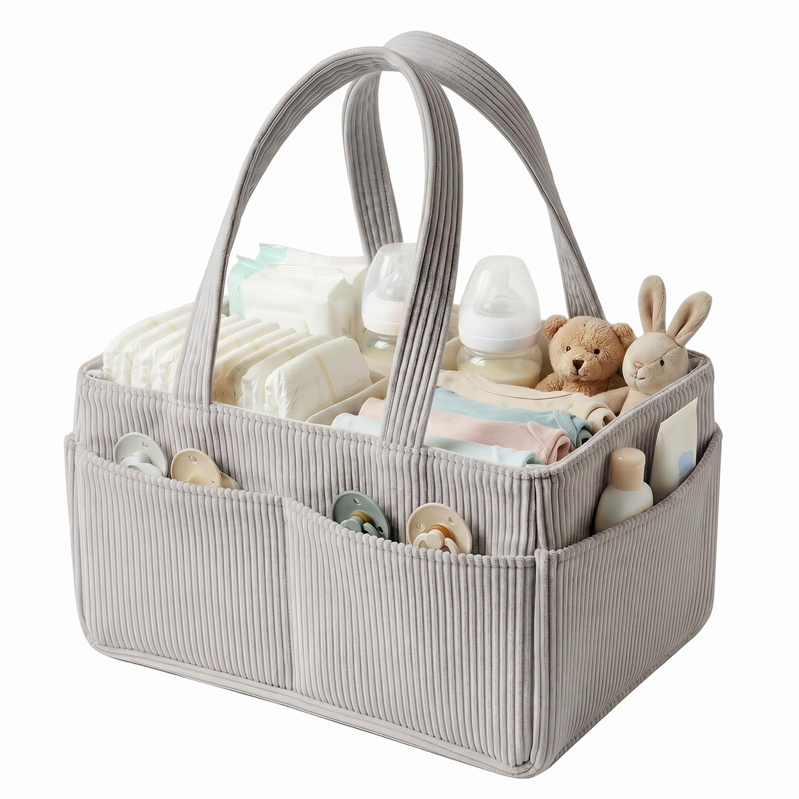 Baby Diaper Caddy Organizer for Changing Table, Portable Corduroy Nappy Storage Basket with Handle, Newborn Essentials Must-Haves, Baby Shower Gifts for Boys Girls Nursery Car Storage Bag(Grey)
